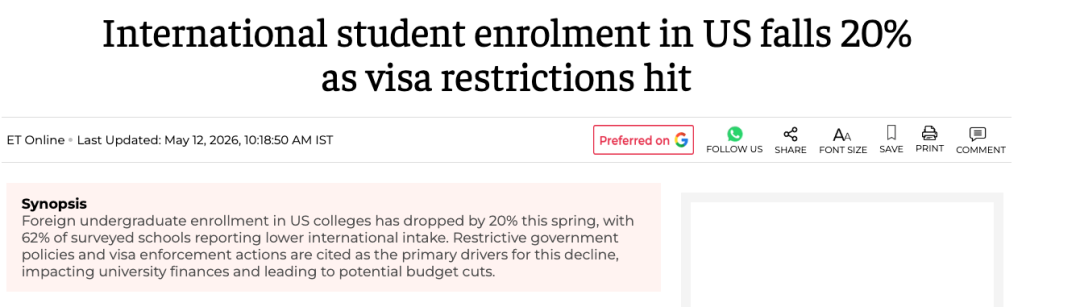 美国国际学生入学人数下降