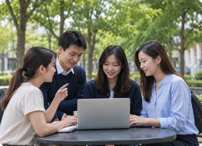 几名大学生围坐在户外使用笔记本电脑讨论