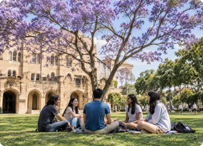 学生在昆士兰大学校园的紫花树下交流