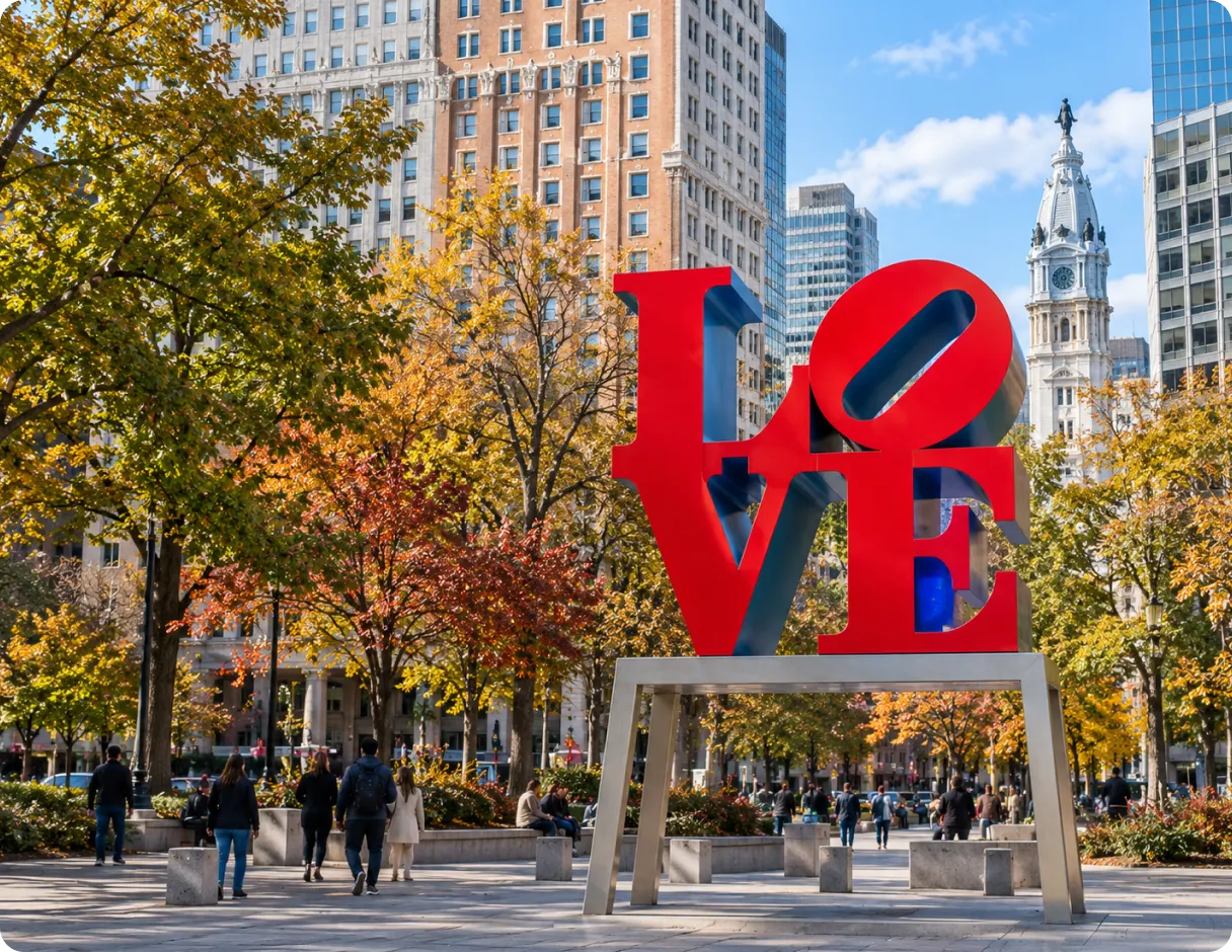 费城LOVE公园雕塑与费城市政厅秋景