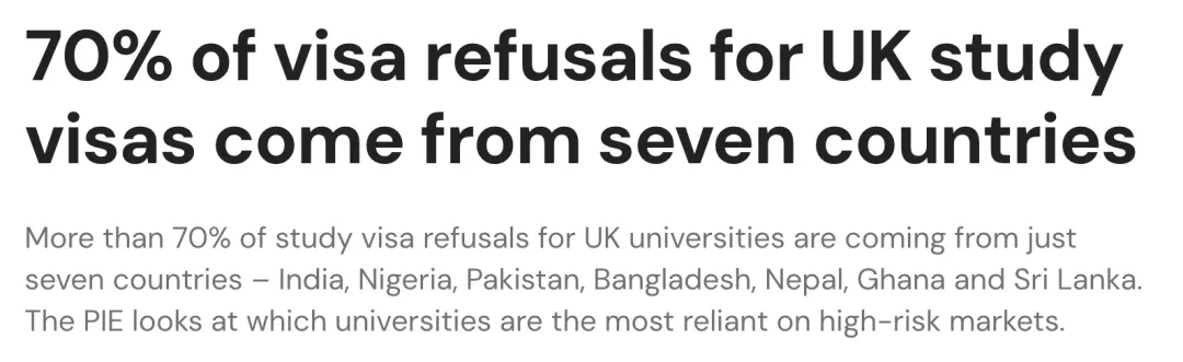 英国学生签证持续收紧，但不同国家申请者面临的情况，可能比想象中差得更远。 10月20日，国际教育行业媒体The PIE News发布最新分析，发现英国超过70%的学生签证拒签集中在7个国家，而中国等国家和地区的拒签率低于1%。